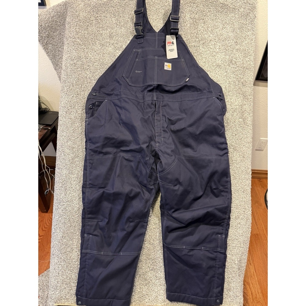 Carhartt FR Double Knee Bib Overall Mens 54x30 Blue Canvas Quilt Lined Workwear‎